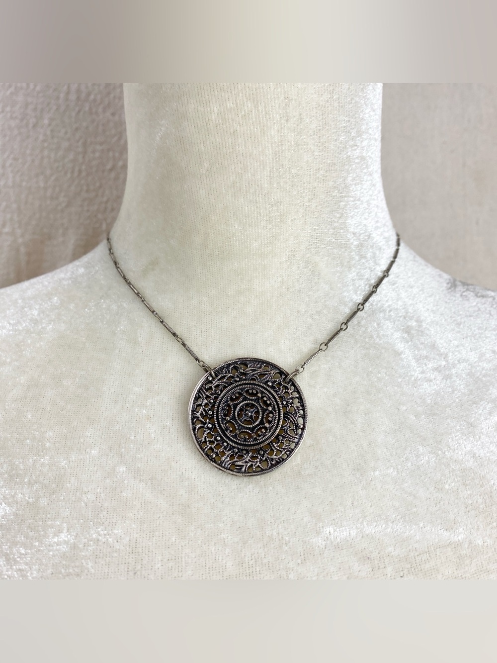 Filigree Round Pendant Necklace in Antique Silver Tone Access by Liz Claiborne